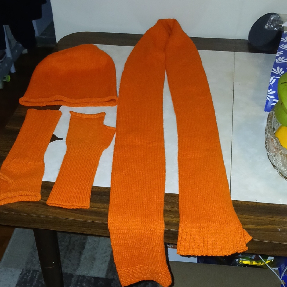 Bright Orange Knit Scarf, Hat, and Gloves Set